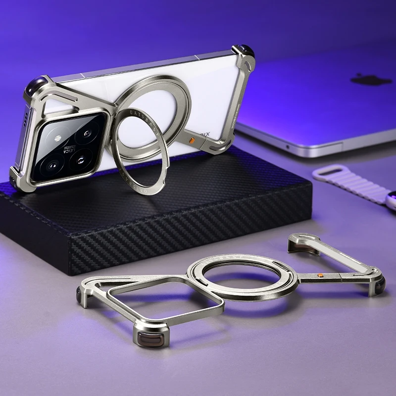 Oatsbasf Z Shape Case for Xiaomi 14/14pro/14u All Metal Magnetic Frameless Protective Phone Cover with 360°Rotation Kickstand