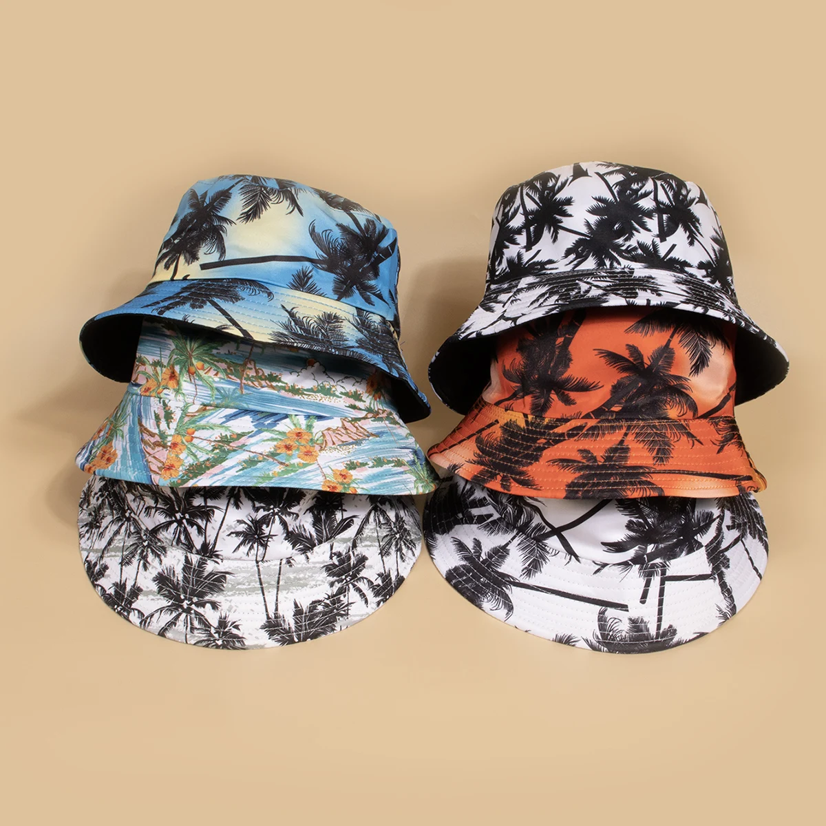 Unisex Frühling Sommer Fischerhut Leichter Freizeithut mit Kokosnussbaum-Muster Outdoor Sonnenschutz Mode-Accessoire
