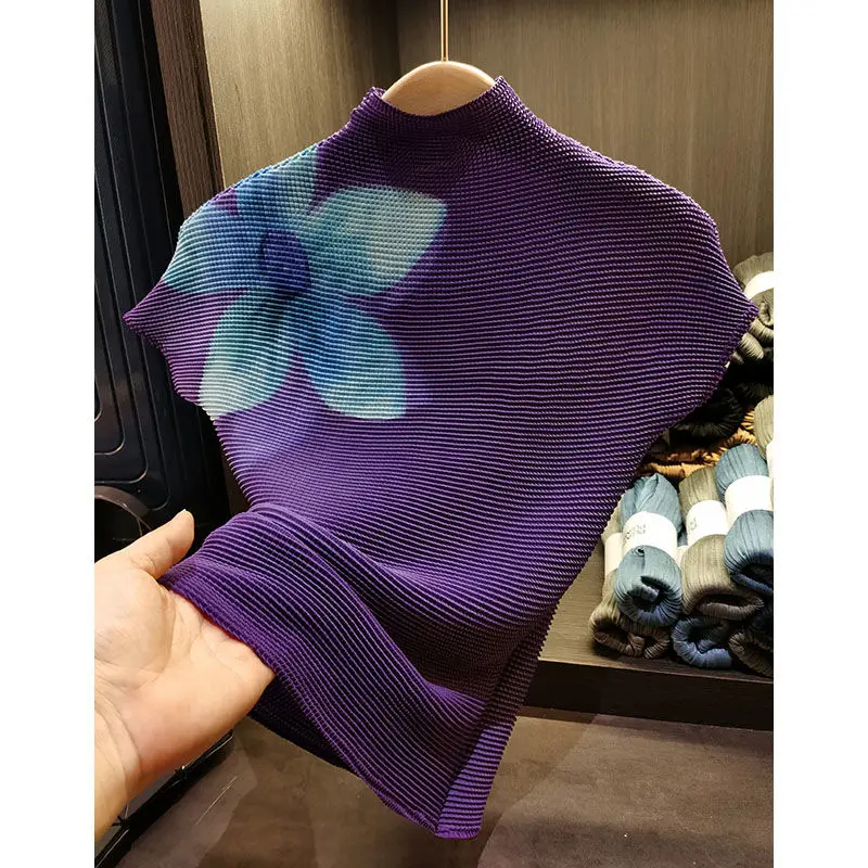 Women's Summer New Half High Neck Pullover Fashion Commute Color-blocked Pleated Flower Slim Elastic Short Sleeved T-shirts Tops