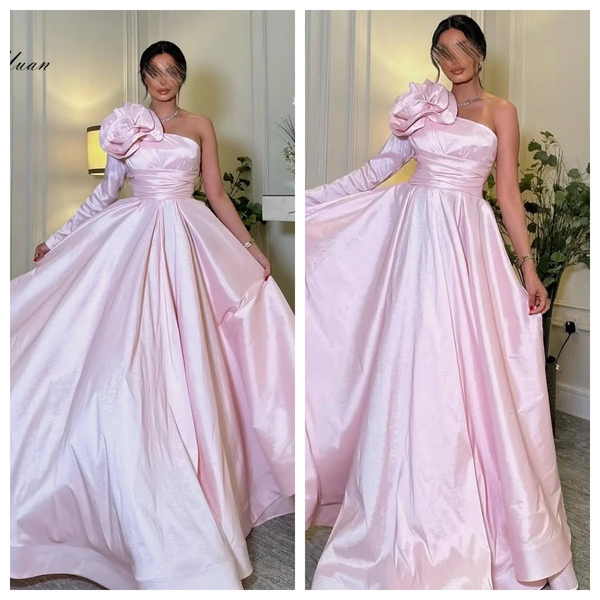 ที่กําหนดเองชุดราตรีคลาสสิกซาติน Strapless หนึ่งไหล่แขนยาวชุดราตรี A-Line Sweep Train Appliques Party Dresses