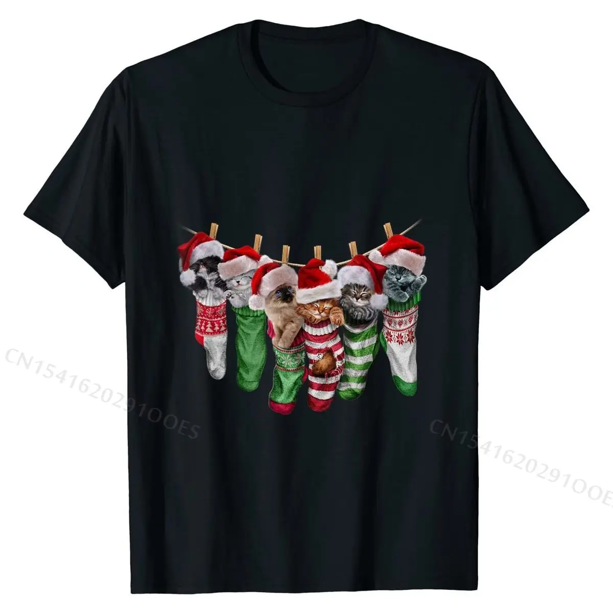 T-Shirt, Cute Sleepy Santa Kittens in Christmas Socks, Cat Retro Custom T Shirt Cotton Tops Shirt for Adult Summer