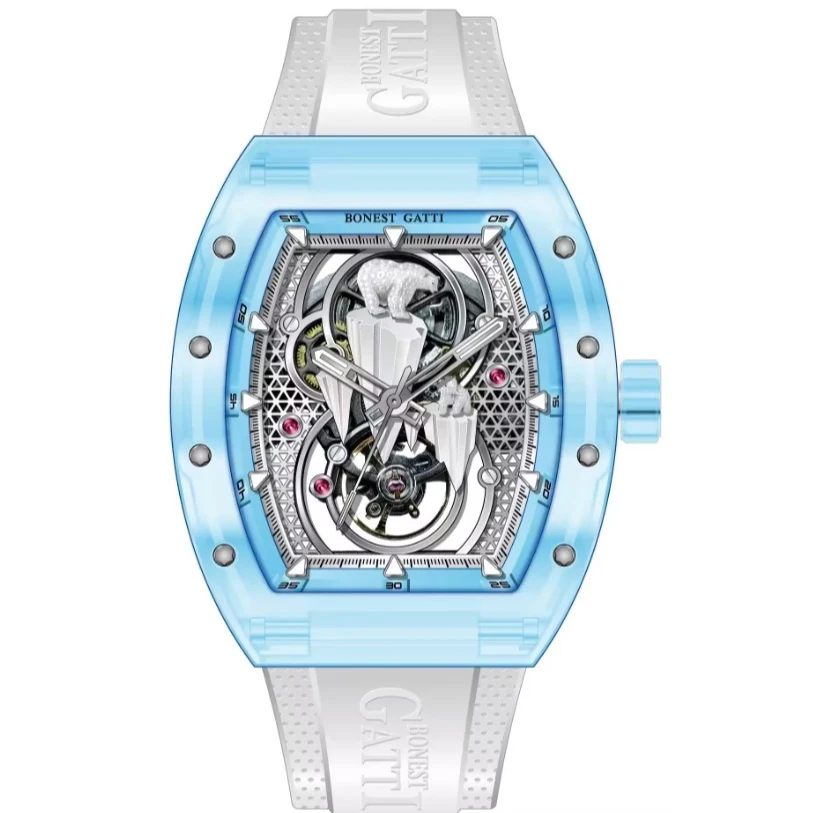 BONEST GATTI Men Automatic Watch Tonneau Mechanical Wristwatch Crystal Case Sapphire Luminous Fluororubber Strap Polar Bear Dial