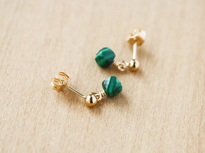 Malachite Stud Earrings Gold . Square Cube Stud Earrings Gold Filled . Green Stone Earrings Dangle NEW