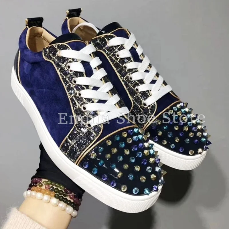 

Men's Breathable Mixed Colors Trendy Sneakers Rivet Decorated Canvas Flat Lace Up Casual Shoes Adult Versatile Women's Shoes
