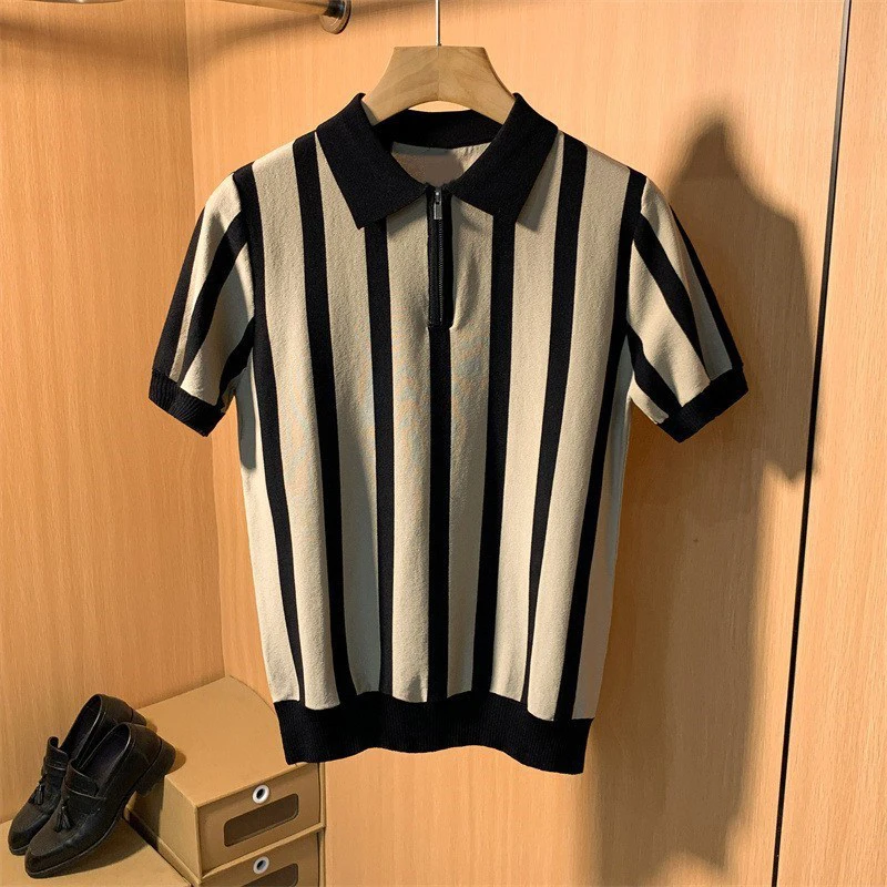 Trendy Striped Knit Polo Shirt For Men Fashion Slim Fit Breathable Zipper Polo Collar Tops Summer Mens Leisure Short Sleeve Polo