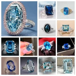 New High-end Fashion Exaggerated Female Ring Cocktail Party, Huge Sky Blue Cubic Zirconia Valentine's Day Gift Jewelry Wholesale