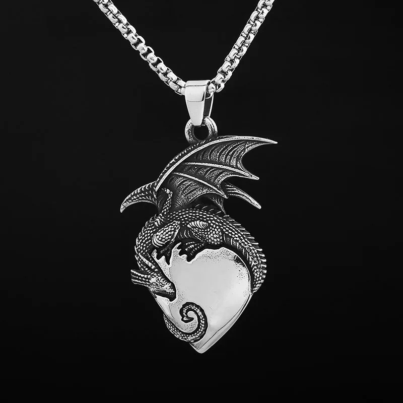 2024 New 316L Stainless Steel Dragon With Heart Necklace Men and Women Animal  Pendant Sweater Chain Punk Jewelry