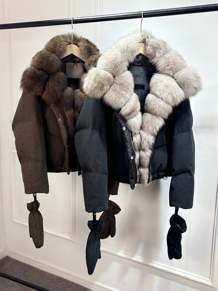 2026 Luxury Winter 90% White Duck Down Wool Blends Jacket Women Real Natural Huge Fox Fur Thickened Warm Puffer Wool Down Coat