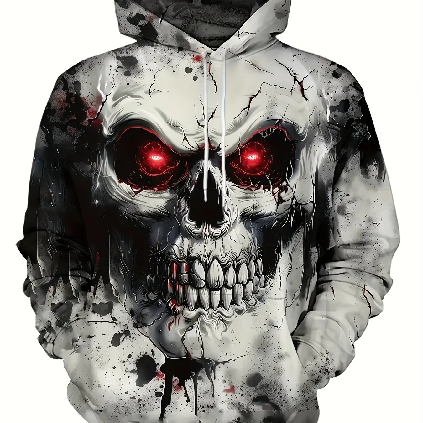 Men Women Full Print Hoodie Gothic Crack Skull Red Eye Ink Splash Drawstring Pocket Casual Sweat Top