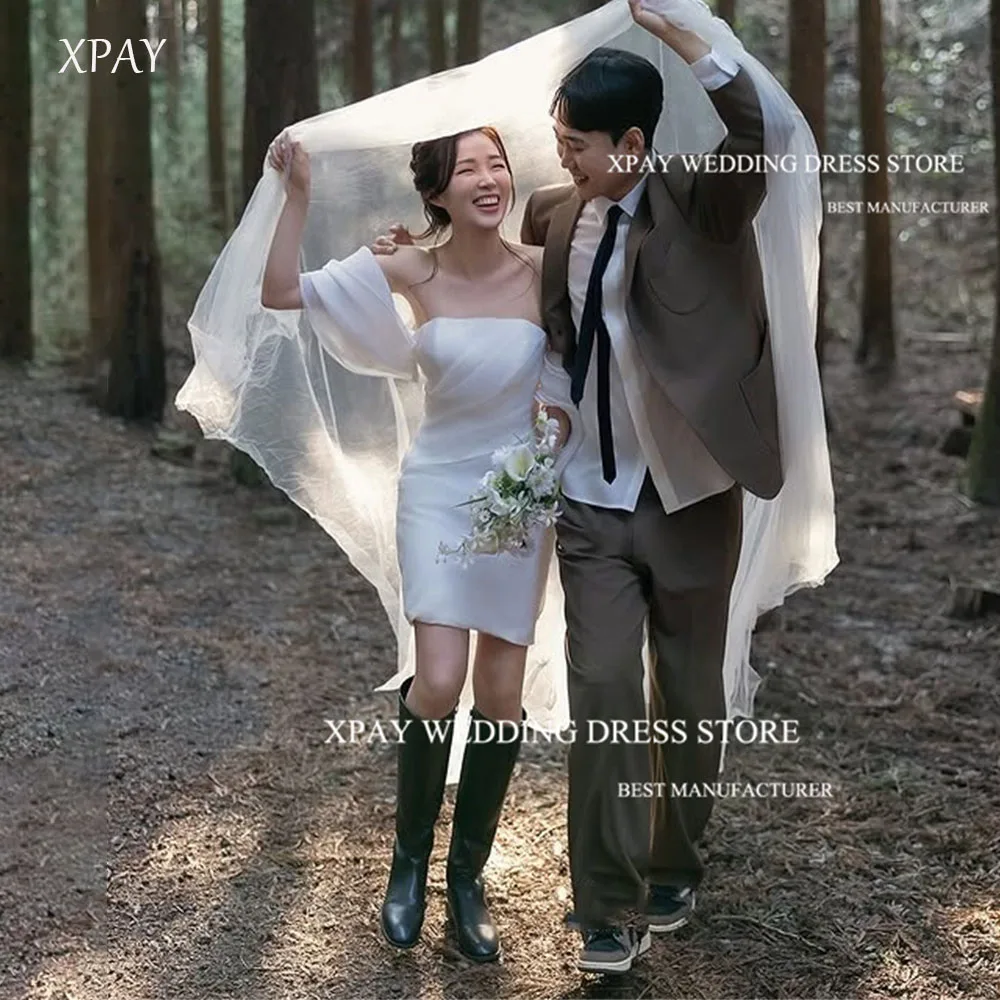 

XPAY Simple Ivory Strapless Knee-Length Wedding Dresses Flowing Organza A-line Bride Gowns Korea Photoshoot Customized Corset
