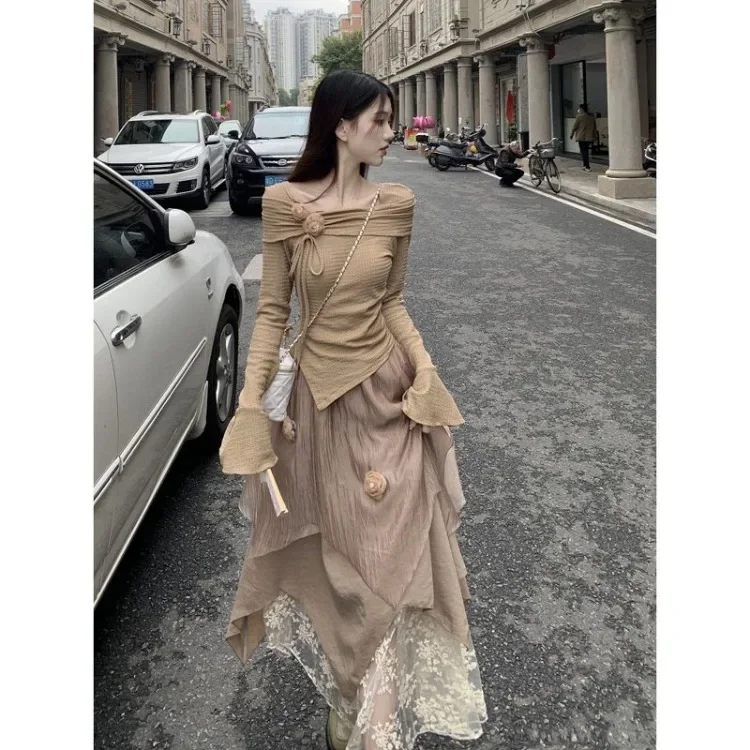 Fashion Irregular Long Sleeve Slim Fit Tops Women+ Y2k E-Girl High Waist Ruched A-line Skirts 2024 Autumn Two Piece Sets