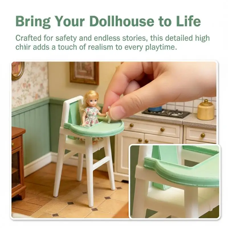 Miniature 1/12 Scale Dollhouse Baby High Chair With Tray Dining Furniture Micro Scene Kids Room Play Decor view 3