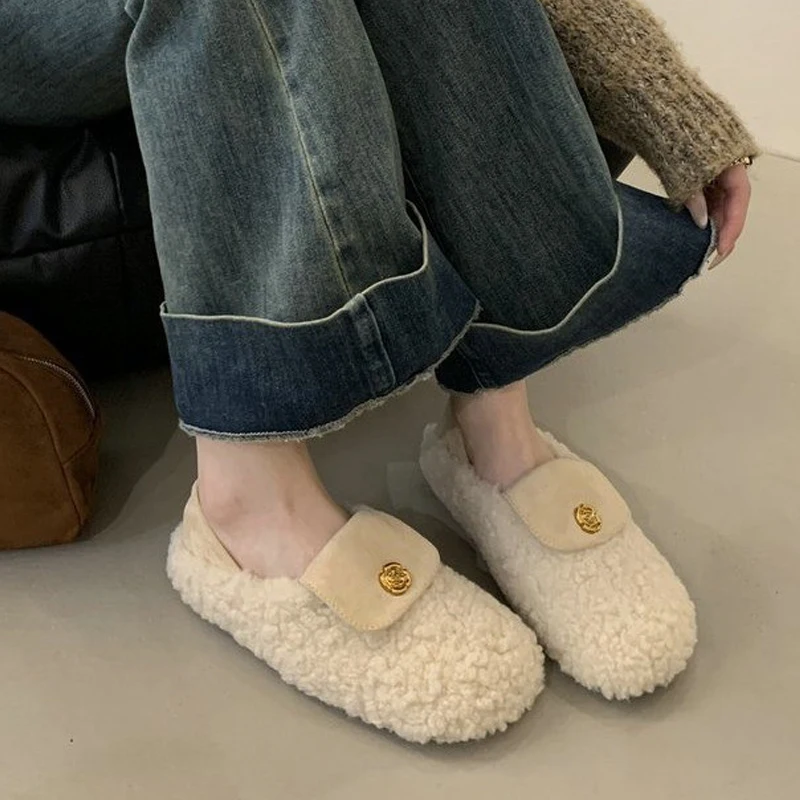 

Fur Shoes for Women Round Toe Comfort Loafers Warm Lightweight Walking Casual Mary Jane Shose for Ladies New Autumn Winter