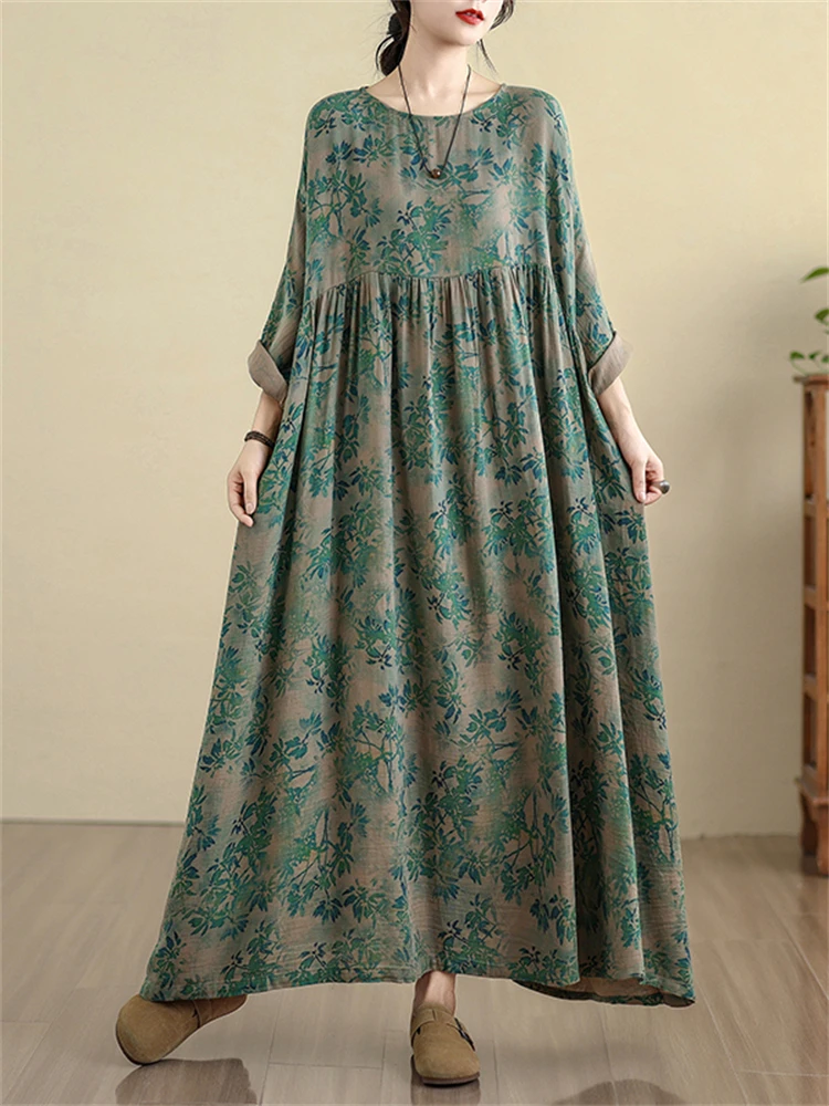 Oversize 코튼 빈티지 캐주얼 루즈 그린 프린트 꽃 드레스 여성용 긴 소매 드레스 Femme Robe Vestidos 우아한 의류