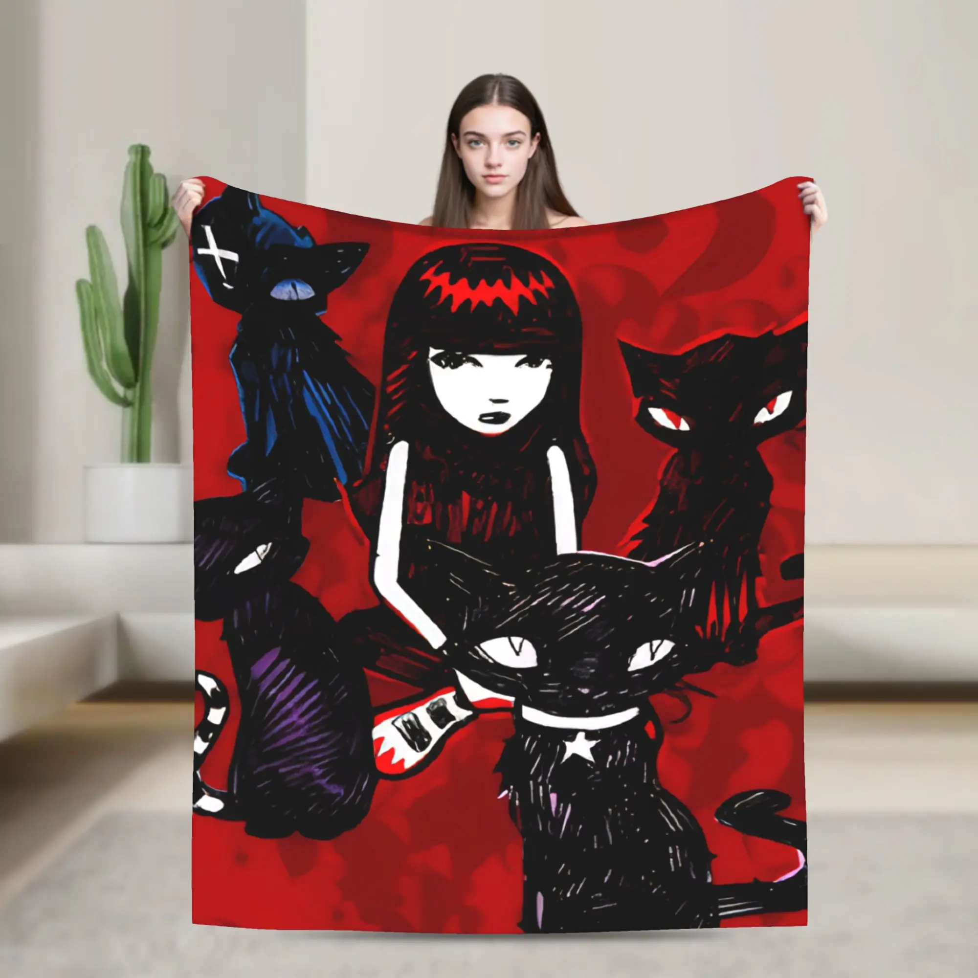 

E-Emily the Strange Cats Blankets Flannel Throw Blankets Bedroom Sofa Portable Lightweight Bedspreads,