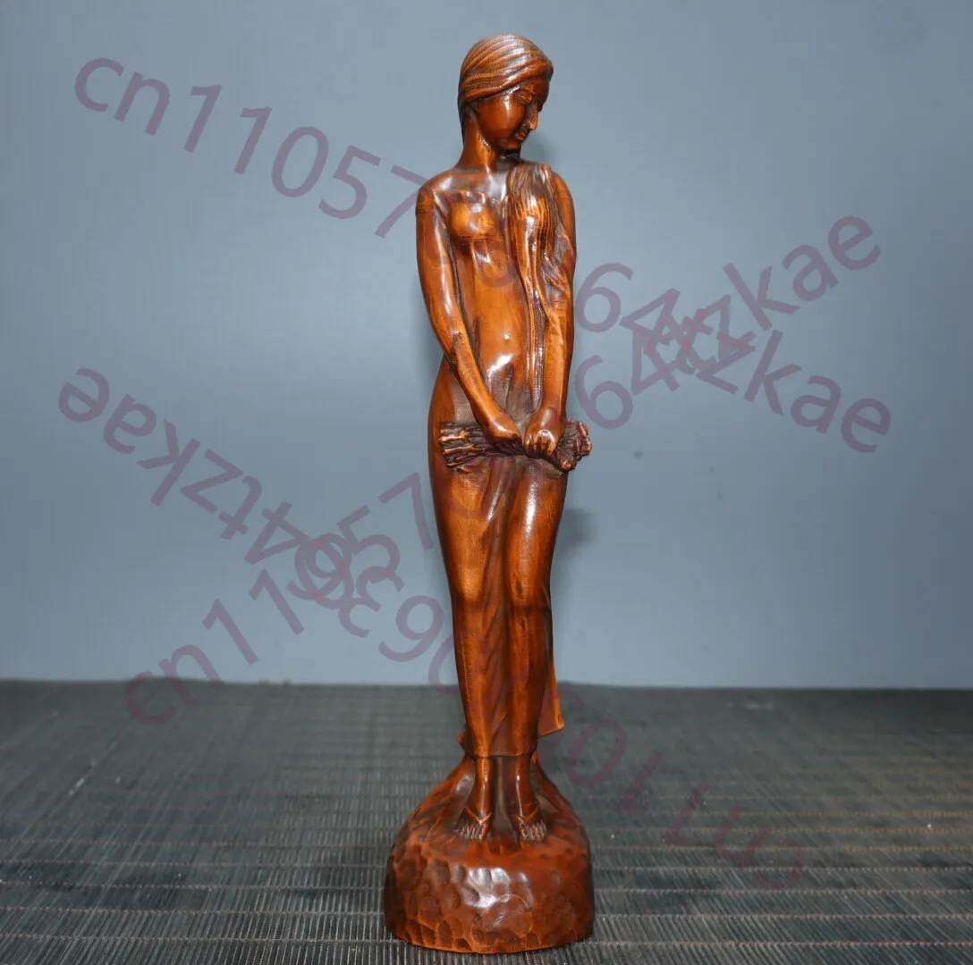 

7,7-дюймовая китайская статуэтка из резного кипарисового дерева: красивая женщина с цветком в руке