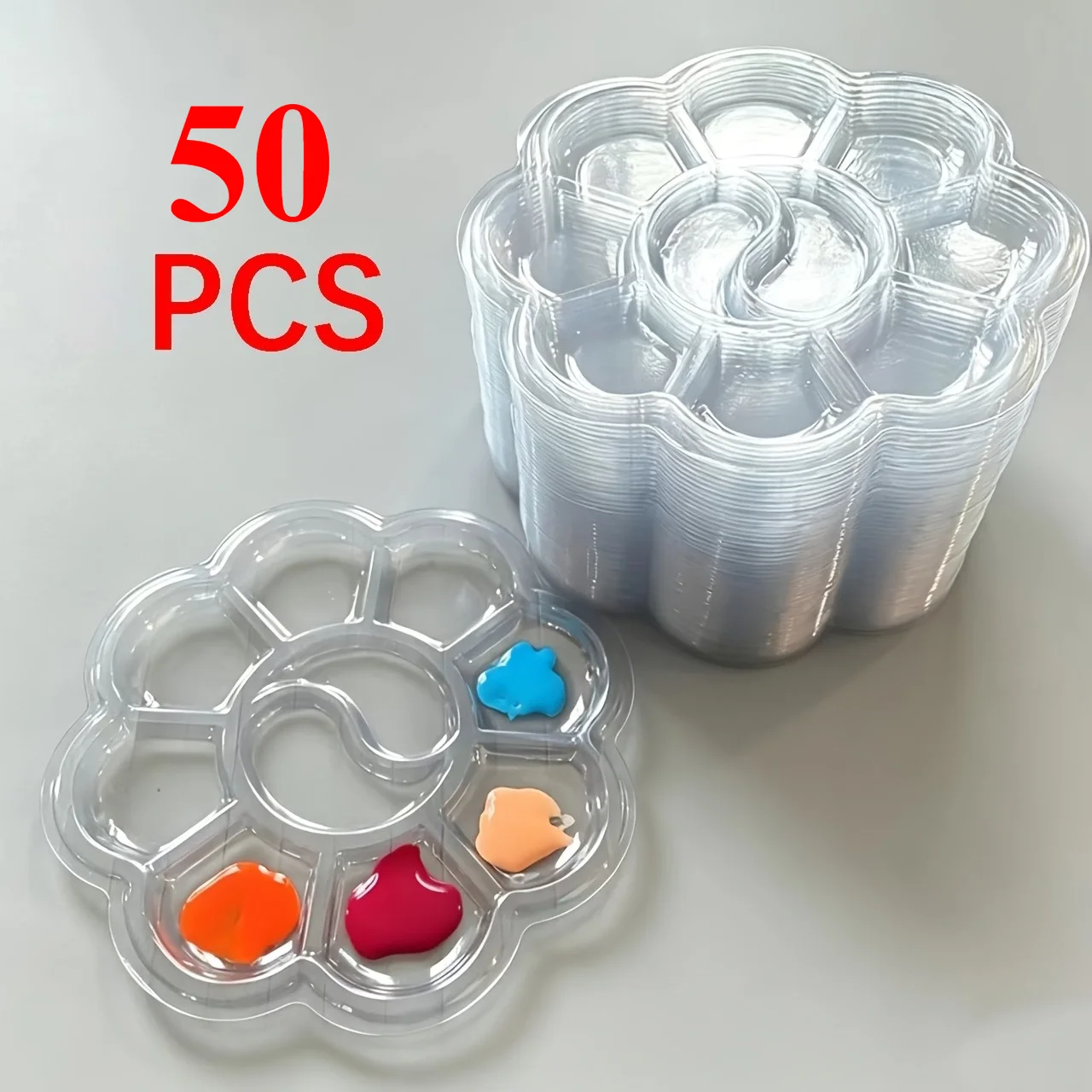 50-Piece Disposable Paint Palette Set, Clear 13cm Plastic Mixing Trays with Wells for Watercolor, Acrylic and Art Classes