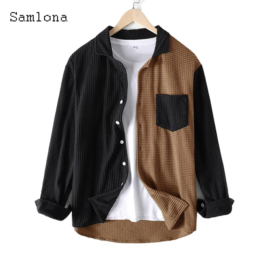 

Samlona Men's Ruched Plaid Shirts Stand Pocket Blouse 2024 New Spring Casual Shirt blusas Plus Size Hommes Patchwork Camisa Tops