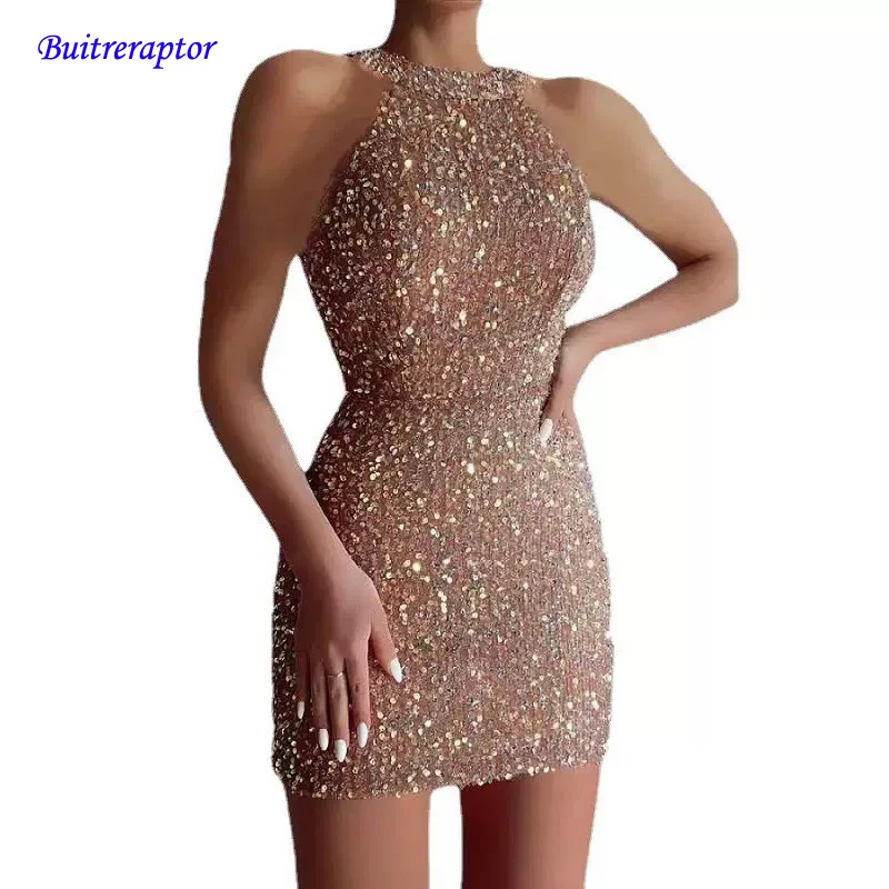 

Sexy and Fashionable Women's Elegant Short Dress with Hanging Neck Backless Bottom Chest Sequin Party Girl Dance Dress
