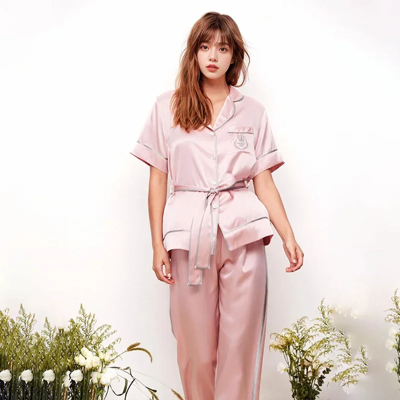 Summer 100% Mulberry Silk Pajama Robe 19MM Pure Silk Kimono Robe Pajamas Set Embroidered Short-sleeved Trousers Women's Suits