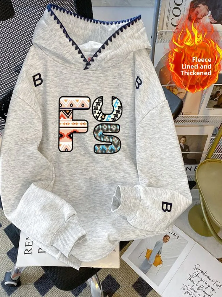 

plus Size 300 Pou Embroidered Hooded Thiened Sweatirt Women's Autumn Winter Loose Korean Version Long Sve Trendy Top