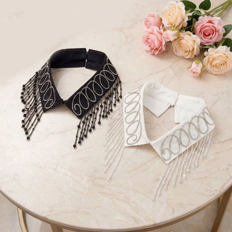 573B Multiuse Beaded Detachable Collar Neckpiece With Elegant Fringed Design For Adult Women Office Dress Shirt Collar Insert