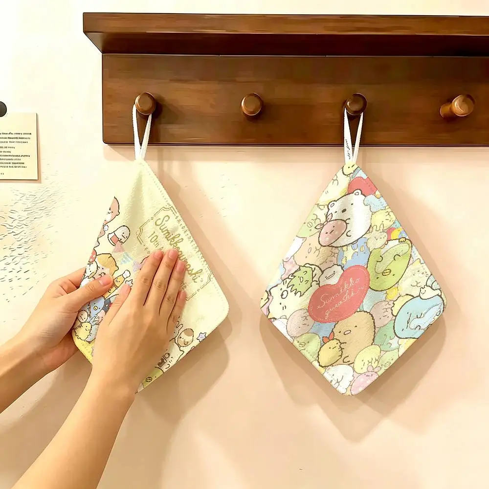 Cartoon Sumikko Gurashi Hanging Kitchen Towel, Polyester Cotton Fabric, Absorbent Hand Wiping Towel for Home Dormitory