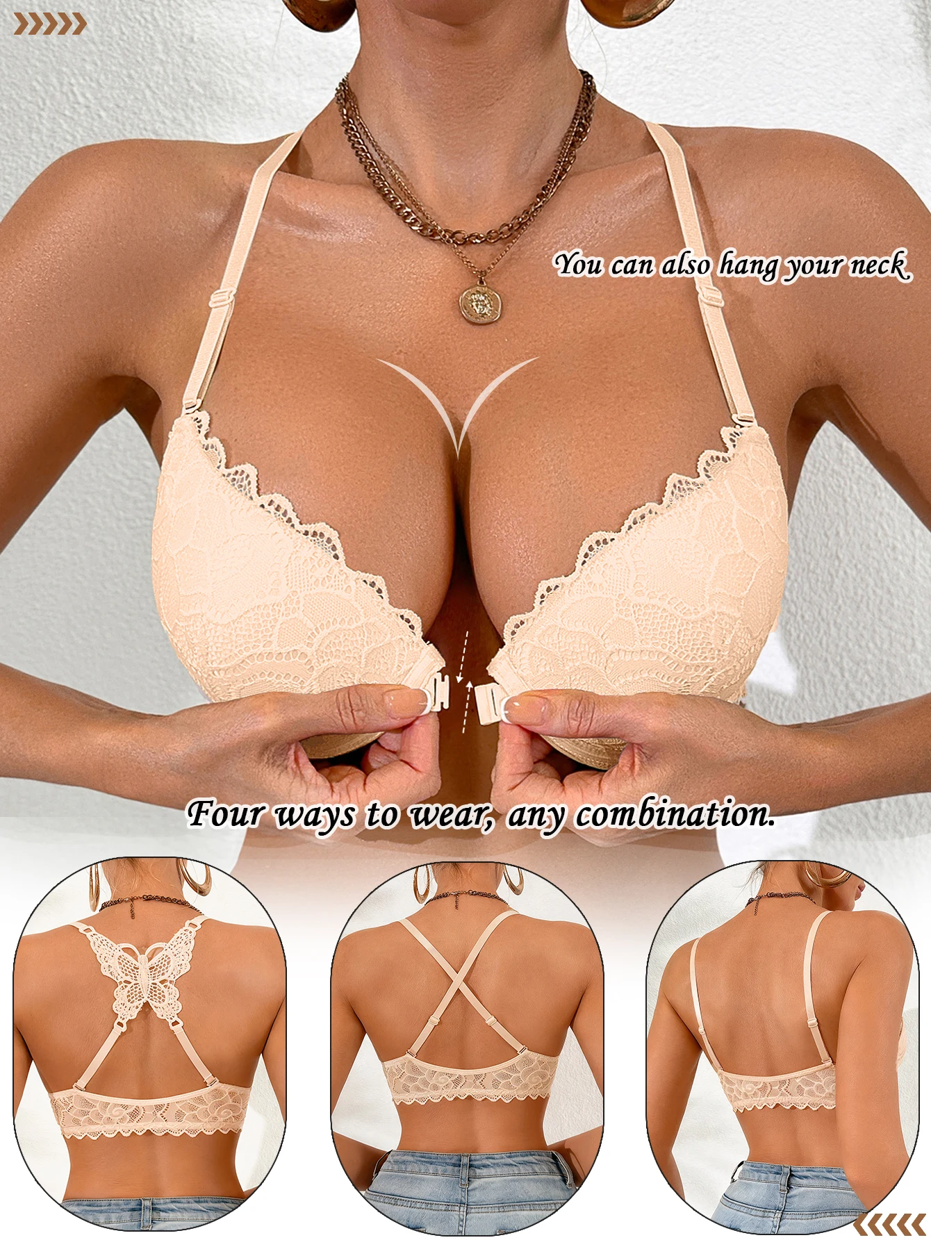 Butterfly Back Damen Spitzen-BH Sexy Vorderverschluss Push-Up BH Mehrweg-Träger Dessous – Detail 17