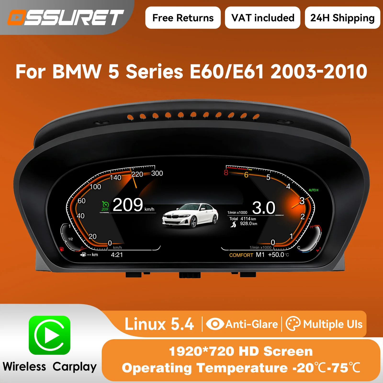 12,3-Zoll-Digital-Instrumentencluster für BMW 5 6 E60 E61 E63 E64 2003-2010 X5 E70 X6 E71 LCD-Armaturenbrett Virtuelles Cockpit Tachometer Kilometerzähler 1920*720 HD-Bildschirm
