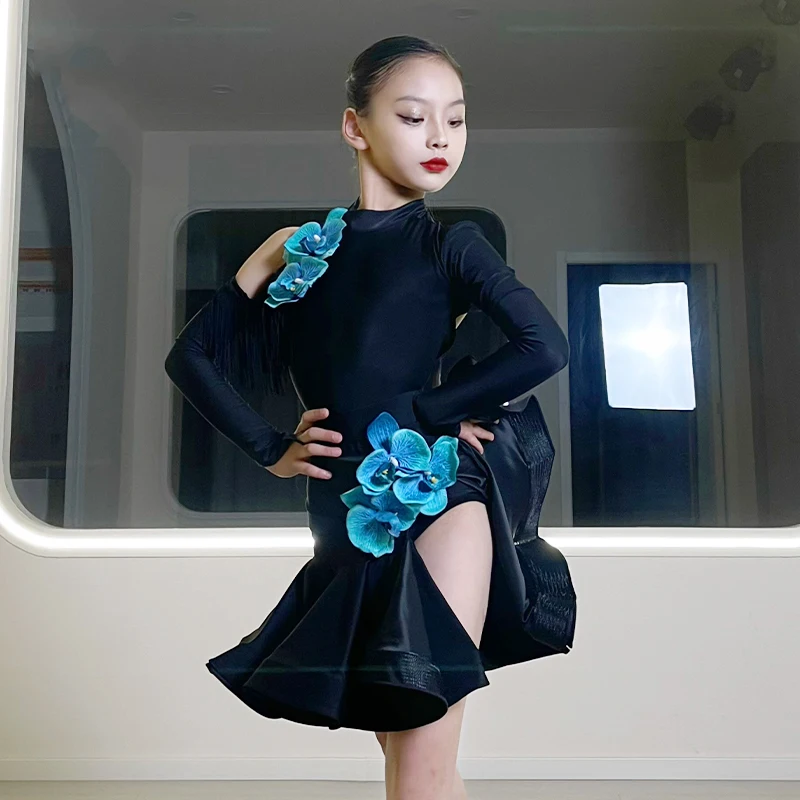 

Girls Black Latin Competition Dress Fringe Long Sleeve Stage Costume Girls Rumba ChaCha Modern Dance Performance Suit VDB7351