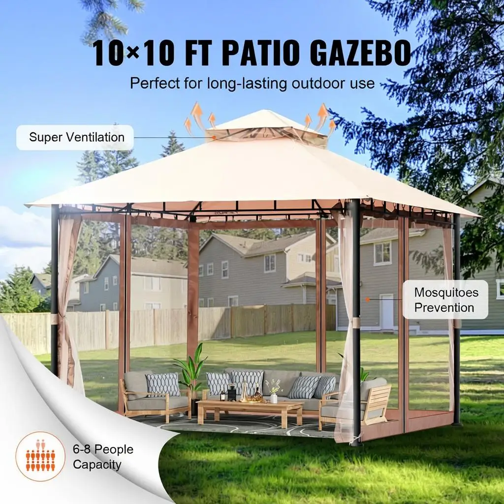 

Садовая беседка для 6-8 человек, 10 x 10 футов, с москитной сеткой, металлическим каркасом и полиуретановым покрытием из полиэстера 180G, цвет: Ou