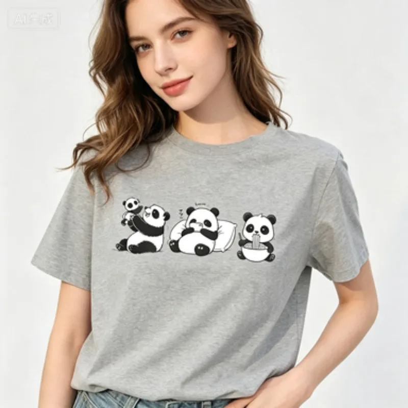 Panda Lover Women Cotton T Shirt Adorable Cartoon Panda Life Scene Graphic Cute Animal Outline Loose Casual Crew Neck Tops