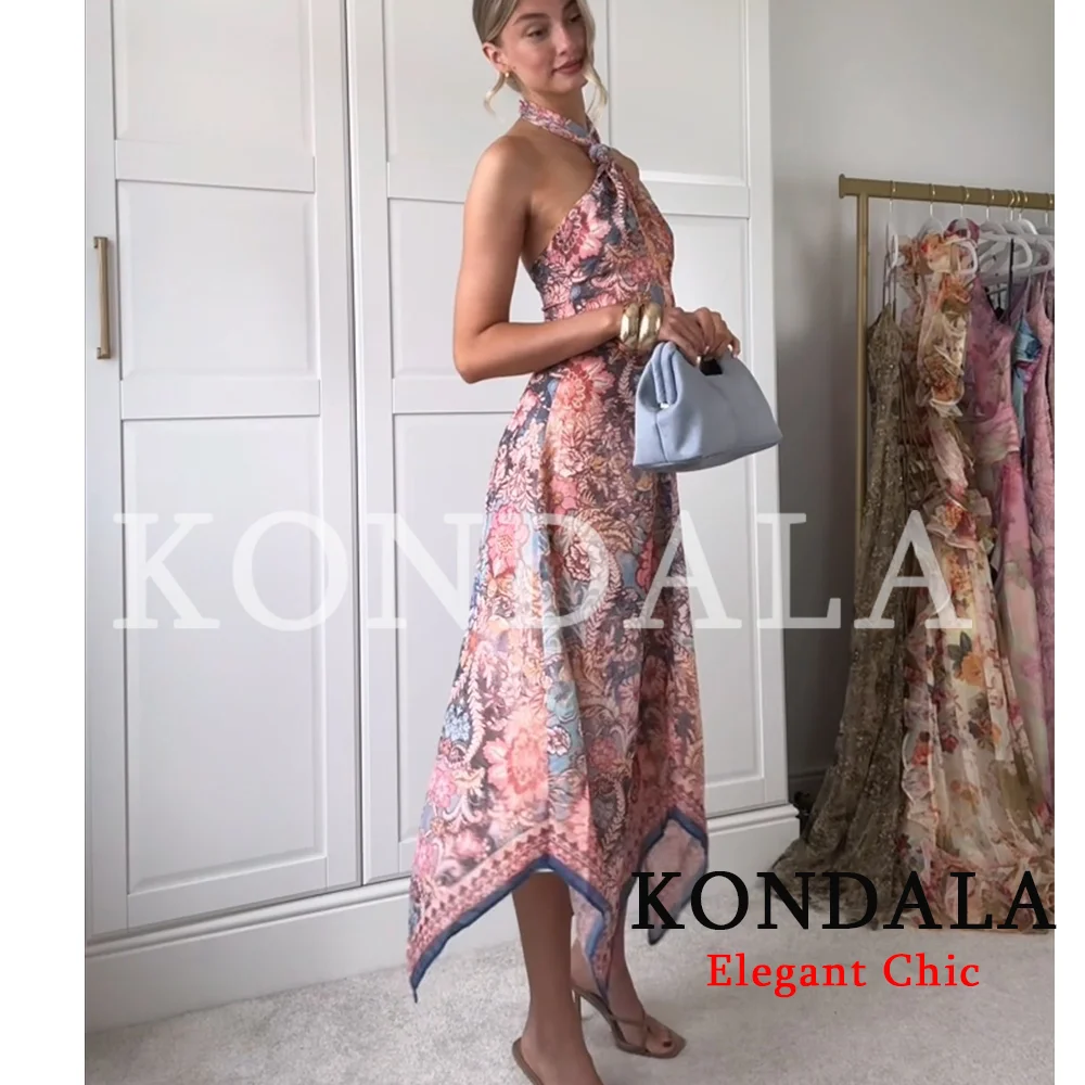 KONDALA Women Trendy Beach Print Halter Dress Backless Sleeveless Long Dress New Fashion 2026 Spring Summer Holiday Cute Dress view 5