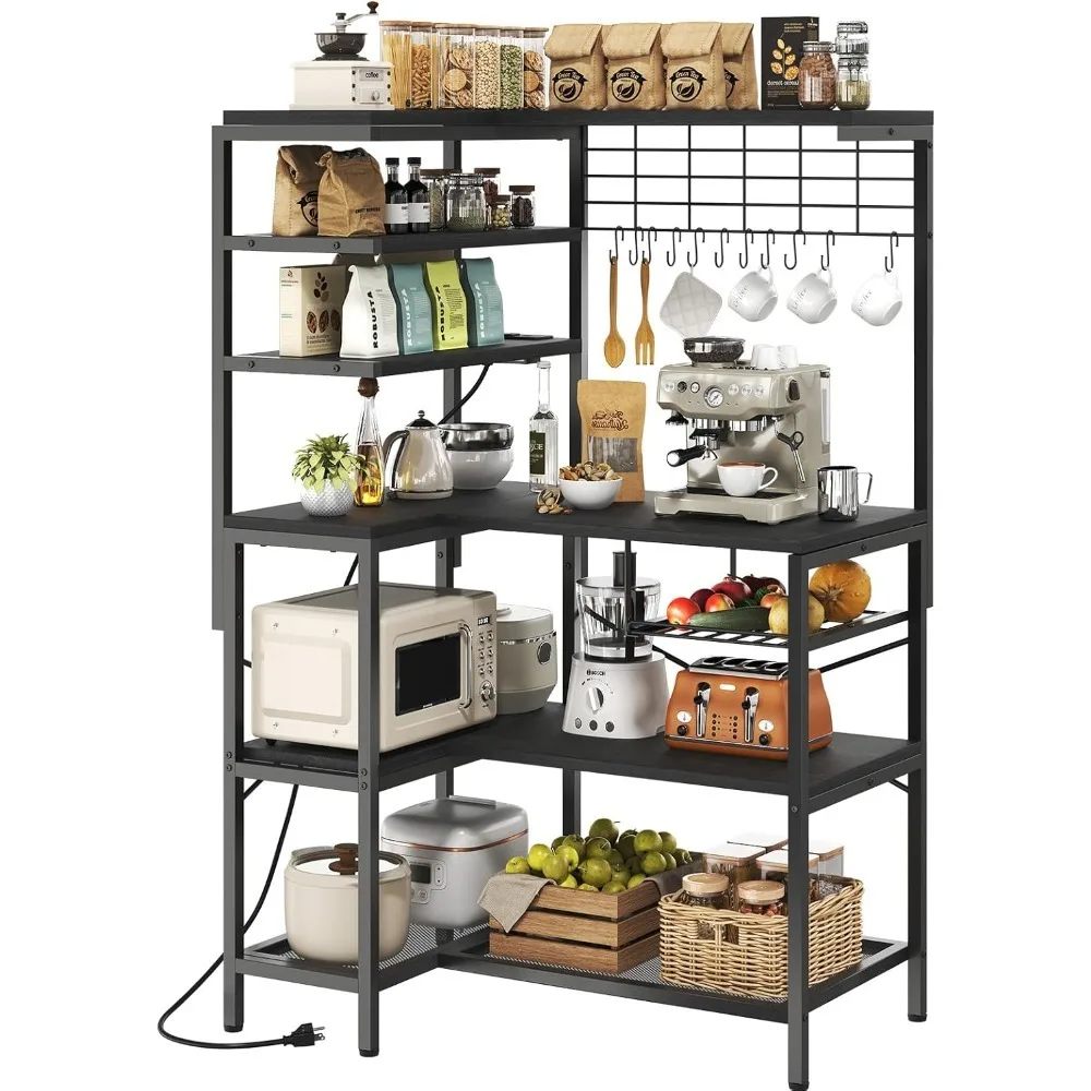 US Shipping L-Shaped Bakers Rack 6-Tier Microwave Stand with Power Outlet Open Storage Coffee Bar Hooks Mesh Grid Wire Basket