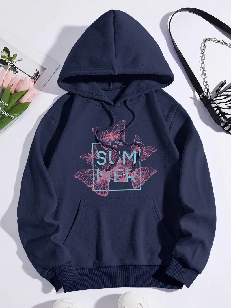 

Pink Butterfly Hoodie Women Summer Letter Printing Tops Loose Fleece Warm Pocket Sweatshirt Winter Comfortable Woman Clothes