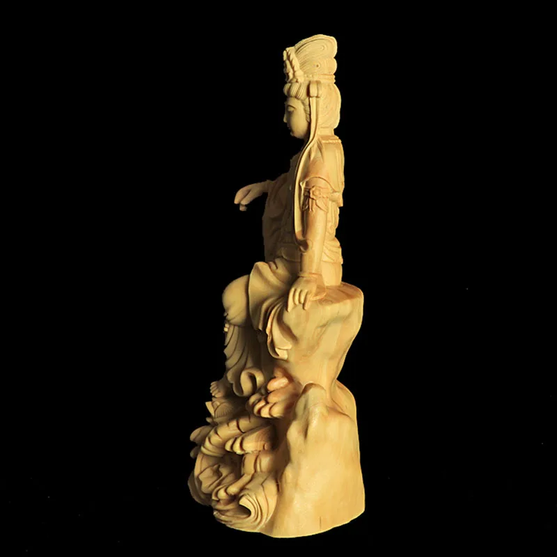 XS772- 13.8 Guanyin Buddha Boxwood Sculpture Feng Shui Figurine Bodhisattva Statue Collection Ornaments