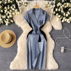 Neploe New Chinese Style Vintage Denim Dresses Summer Slim Waist Bodycon Split Vestidos Mujer Y2k Embroidery Dress for Women