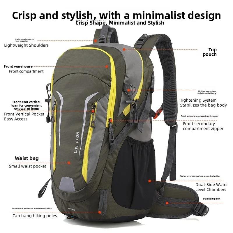 

Leisure camping nylon durable large-capacity water-repellent backpack for outdoor hiking, travel, cycling and sports.