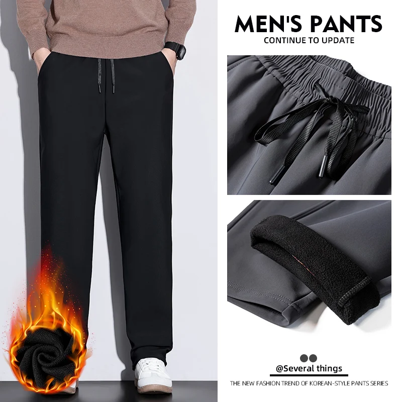 الرجال البوليستر صوف مبطن فضفاض مستقيم بنطال ذو قصة أرجل واسعة 2025 الخريف الشتاء موضة الدافئة تمتد الخصر حجم كبير 5XL