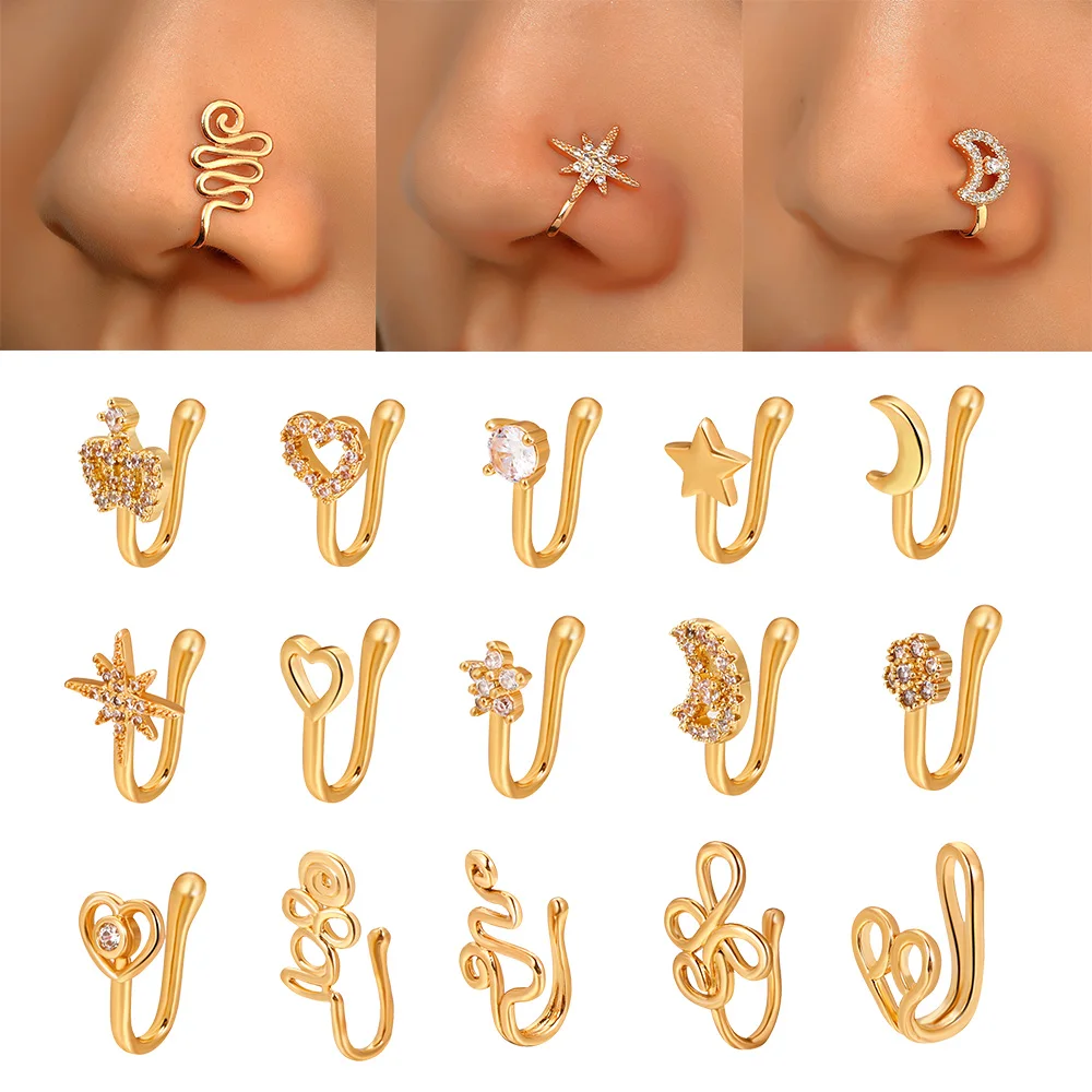 New 1 Pc Copper Nose Ring Fake Piercing Nose Cuff Clip On Nose Heart Star Ear Cuff Earring Body Jewelry for Women Girls Jewelry