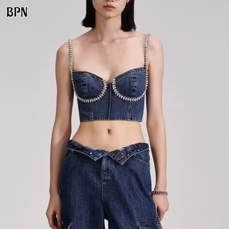 

BPN Sexy Patchwork Diamonds Vests For Women Sqaure Collar Sleeveless Soild Slimming Summer Tank Tops Female Fashion Clothing New