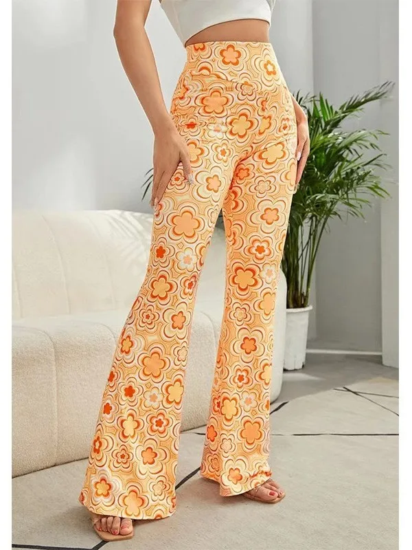 Women's Casual Floral Print Home Pants High Waist Bell Bottoms for Date Comfortable Cotton Trousers Fashionable Cleanfit Style