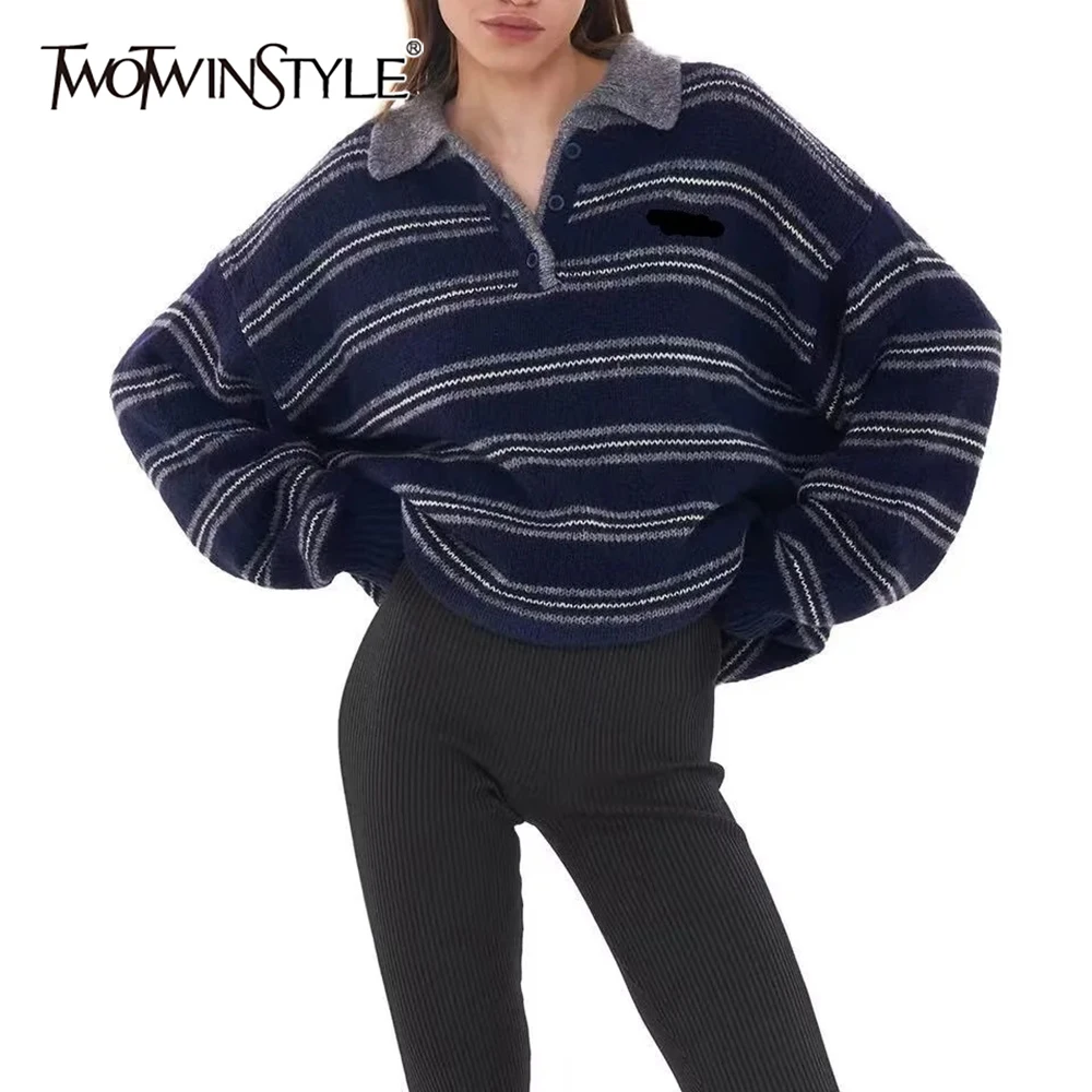 

TWOTWINSTYLE Basics Striped Printed Sweater for Women Lapel Spliced Single Breasted Long Sleeve Loose Pullover Female Autumn New