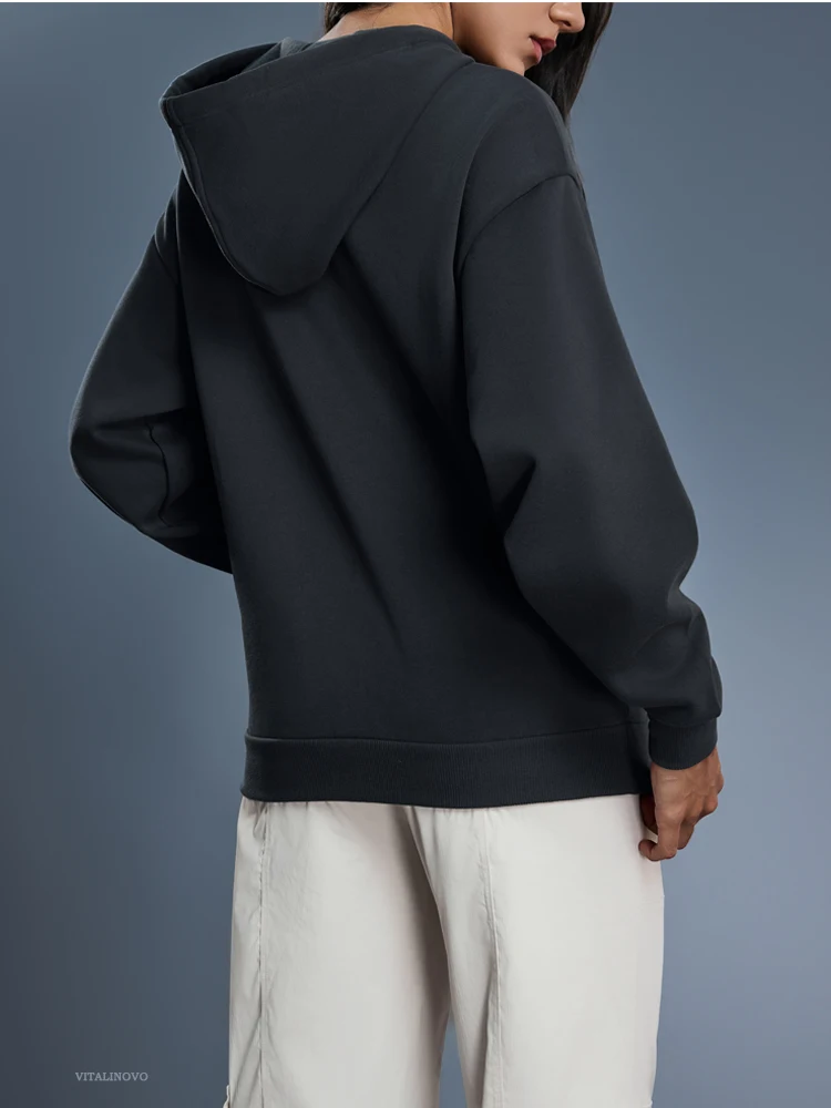 VITALINOVO Damen-Herbst-Kapuzenpullover mit Reißverschluss, Sweatshirts, Fleece-gefütterte Winterjacke mit Kapuze und Kordelzug, locker sitzende Trainingsjacken, Oberteil – Detail 2