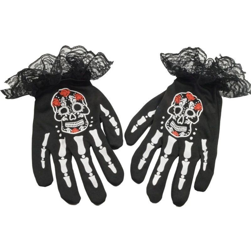 

Unisex Cosplay Gloves Spooky Skeleton Pattern Gloves Halloween Elastic Gloves Lace Cuffs Gloves for Carnivals Party