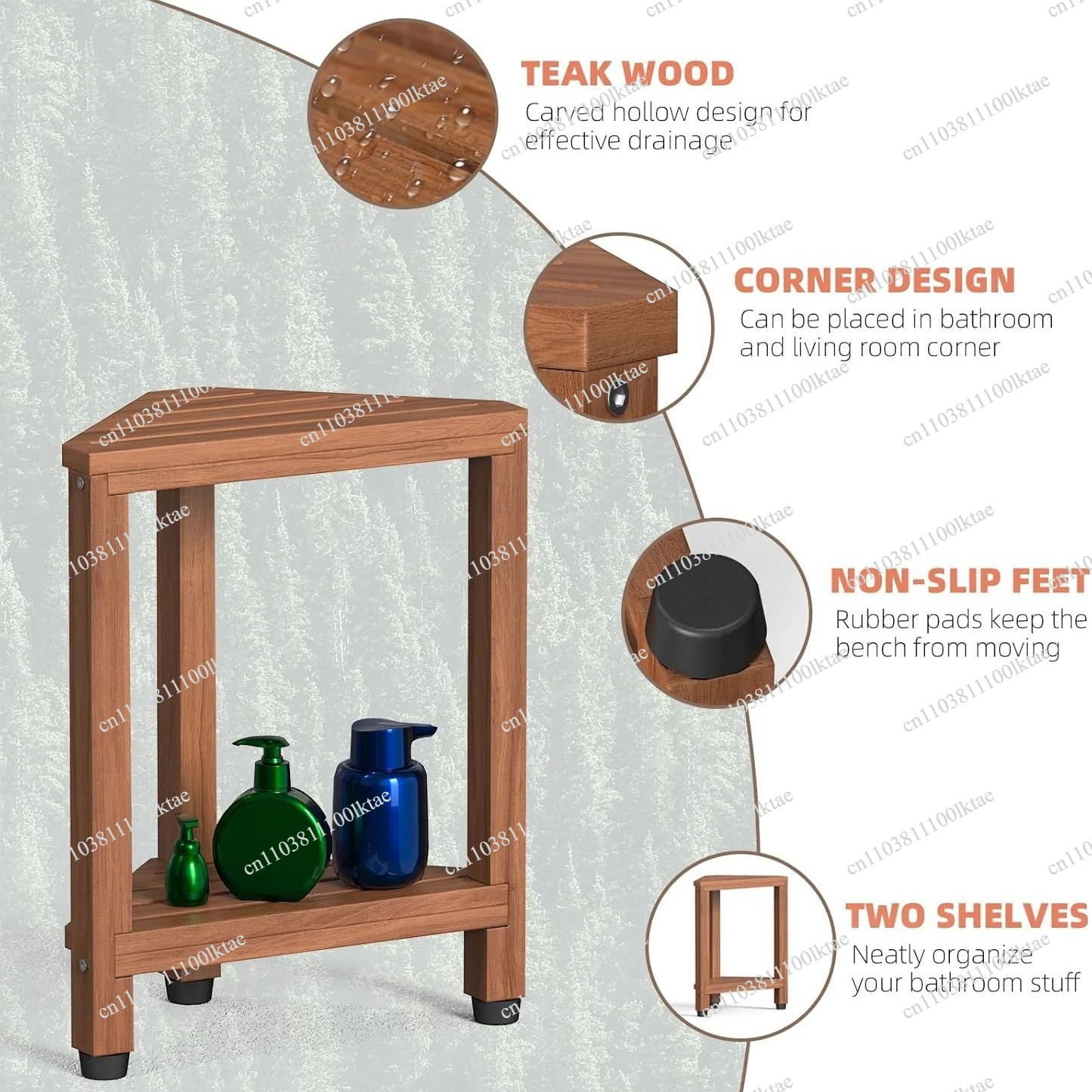 Natural Solid Wood Triangular Shower Stool Waterproof, Non-slip and Mildew-proof Foot Rest Storage Rack