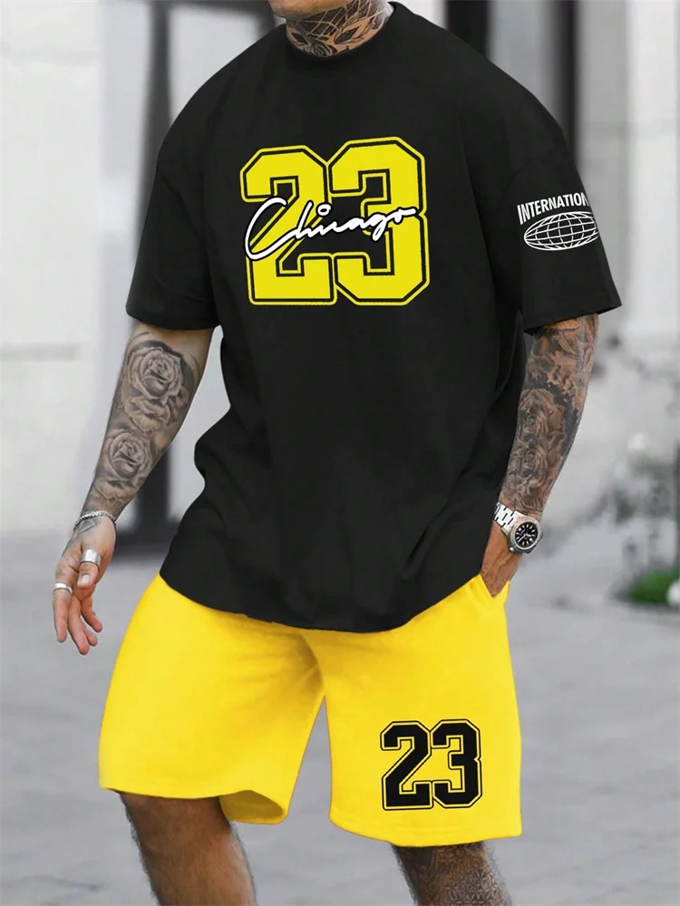 2024 New Men's Short Sleeve Shorts 2-Piece Tracksuit Fashion 23 Digital Printed Crewneck T-Shirt and Drawstring Shorts Set