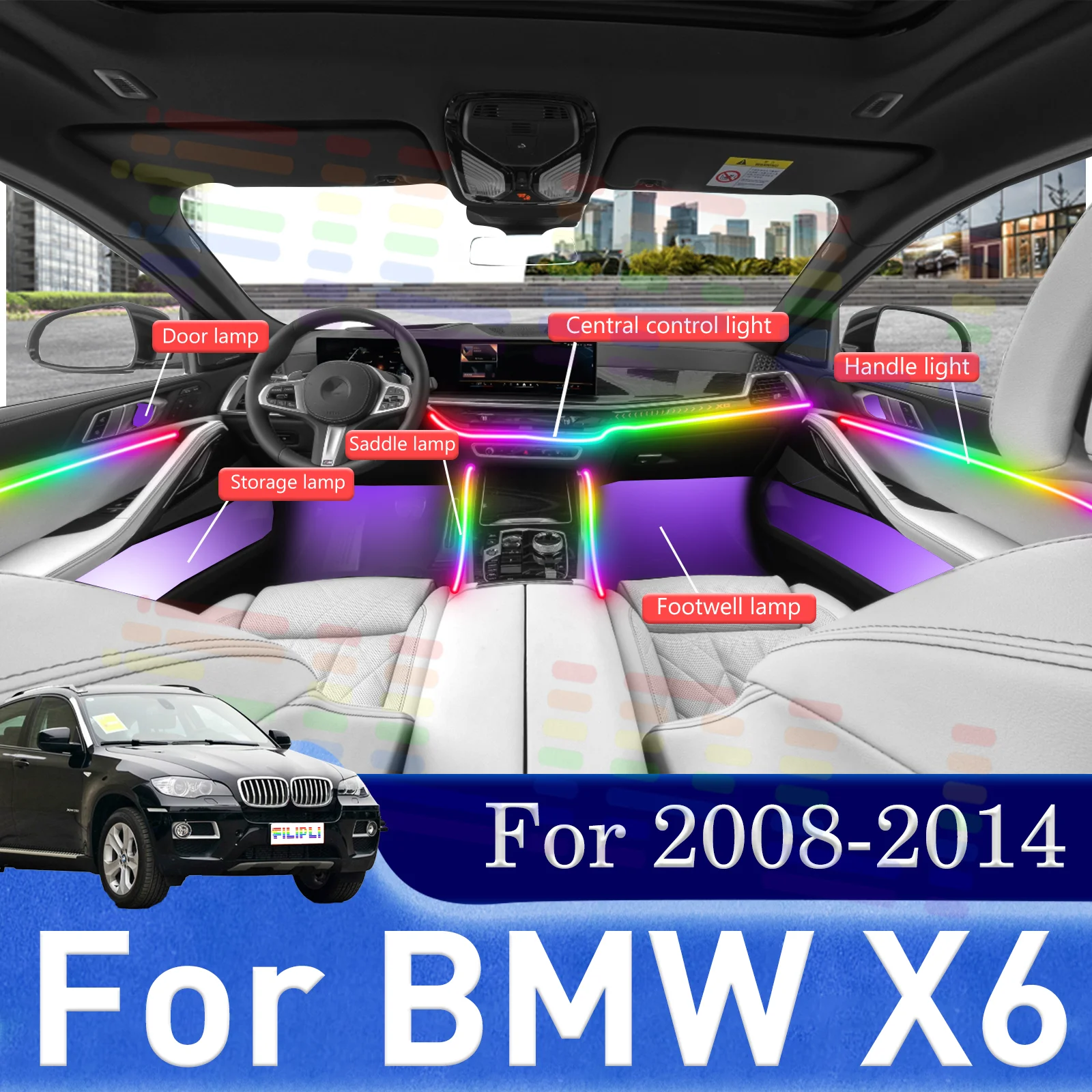 

6-в-1 светодиодные лампы для BMW X6 E71, цветная атмосферная подсветка, неоновые полосы для салона автомобиля, 64 RGB-цвета, 12В, управление через приложение.