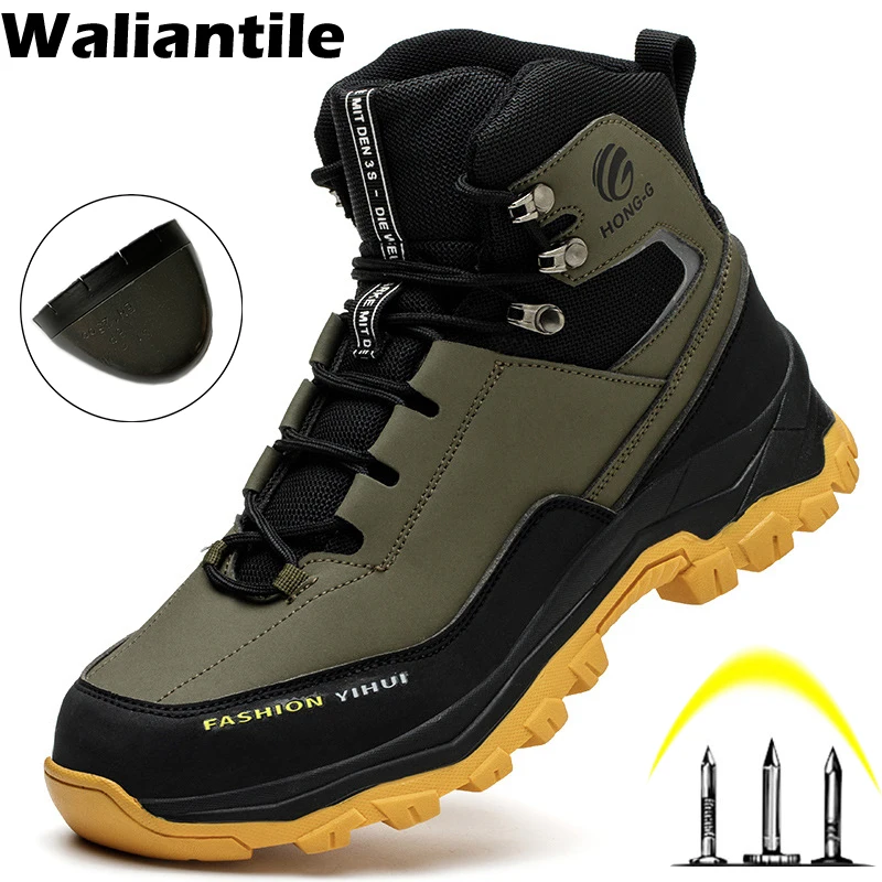 Waliantile Welding Safety Boots For Men Construction Working Shoes Steel Toe Puncture Proof Indestrucitble Hiking Work Boots Man