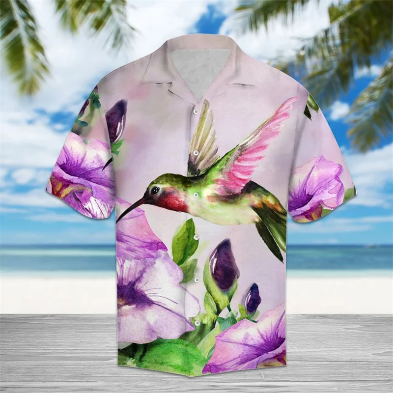 

Hummingbird Pattern Hawaiian Shirts For Men Summer Casual Holiday Vacation 3D Printed Lapel Shirt Loose Breathable Button Blouse